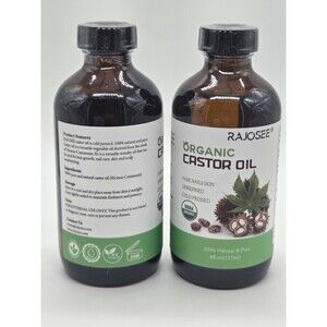 2 Pcs Certified Organic Castor Oil, Natural Oil Cold Pressed in Glass Bottle 8oz
